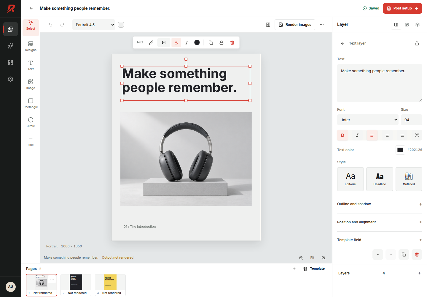REACHER canvas editing a three-page post, with layer controls and an ordered page rail